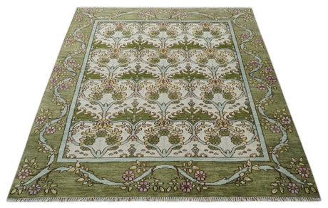 Custom Made Hand Knotted Ivory and Green Floral Traditional Style Wool Area Rug