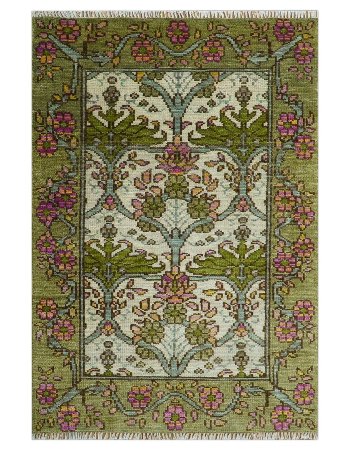 Custom Made Hand Knotted Ivory and Green Floral Traditional Style Wool Area Rug
