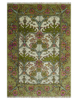 Custom Made Hand Knotted Ivory and Green Floral Traditional Style Wool Area Rug