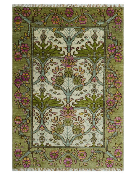 Custom Made Hand Knotted Ivory and Green Floral Traditional Style Wool Area Rug