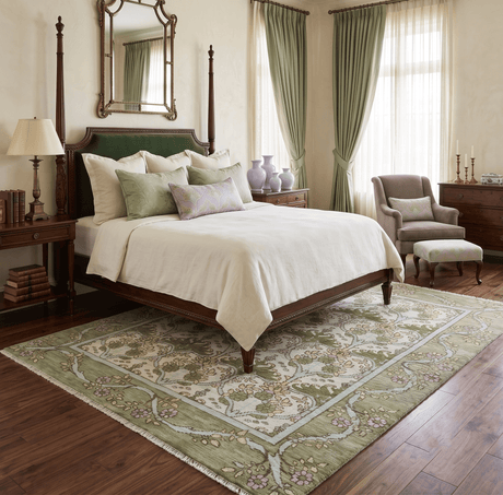 Custom Made Hand Knotted Ivory and Green Floral Traditional Style Wool Area Rug