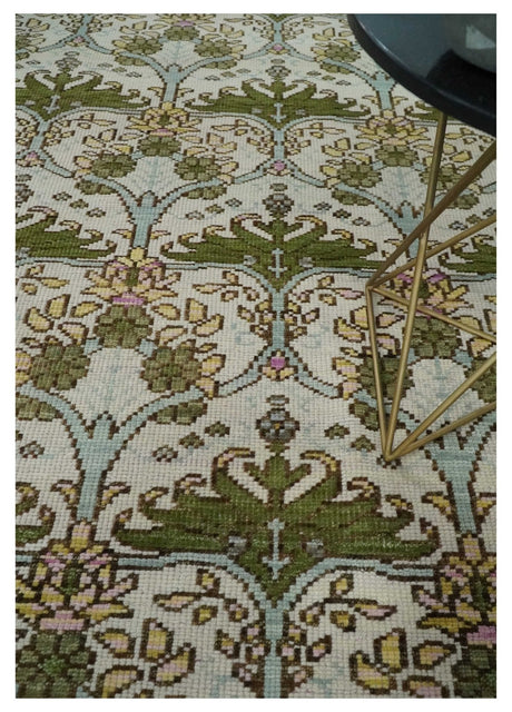 Custom Made Hand Knotted Ivory and Green Floral Traditional Style Wool Area Rug