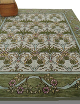 Custom Made Hand Knotted Ivory and Green Floral Traditional Style Wool Area Rug