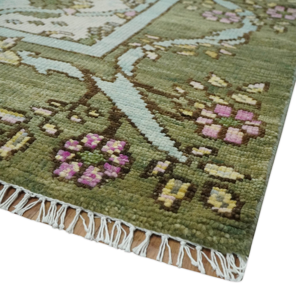 Custom Made Hand Knotted Ivory and Green Floral Traditional Style Wool Area Rug