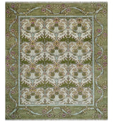 Custom Made Hand Knotted Ivory and Green Floral Traditional Style Wool Area Rug