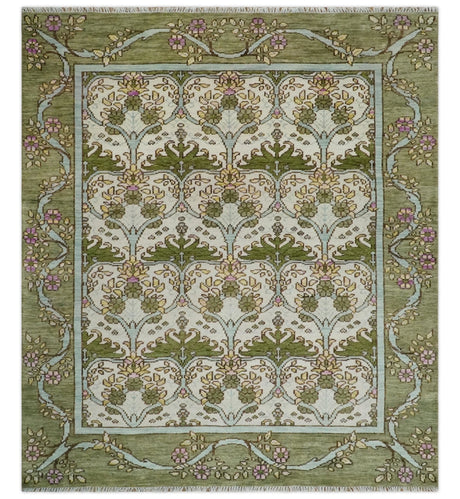 Custom Made Hand Knotted Ivory and Green Floral Traditional Style Wool Area Rug