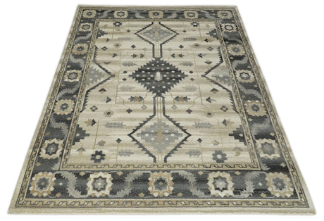Custom Made Hand Knotted Ivory, Charcoal and Beige Traditional Wool Area Rug