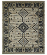 Custom Made Hand Knotted Ivory, Charcoal and Beige Traditional Wool Area Rug