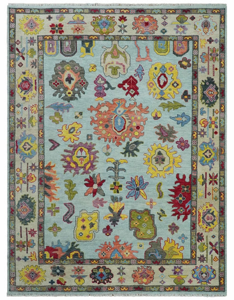 Custom Made Hand Knotted Modern Oushak Blue and Beige Wool Area Rug
