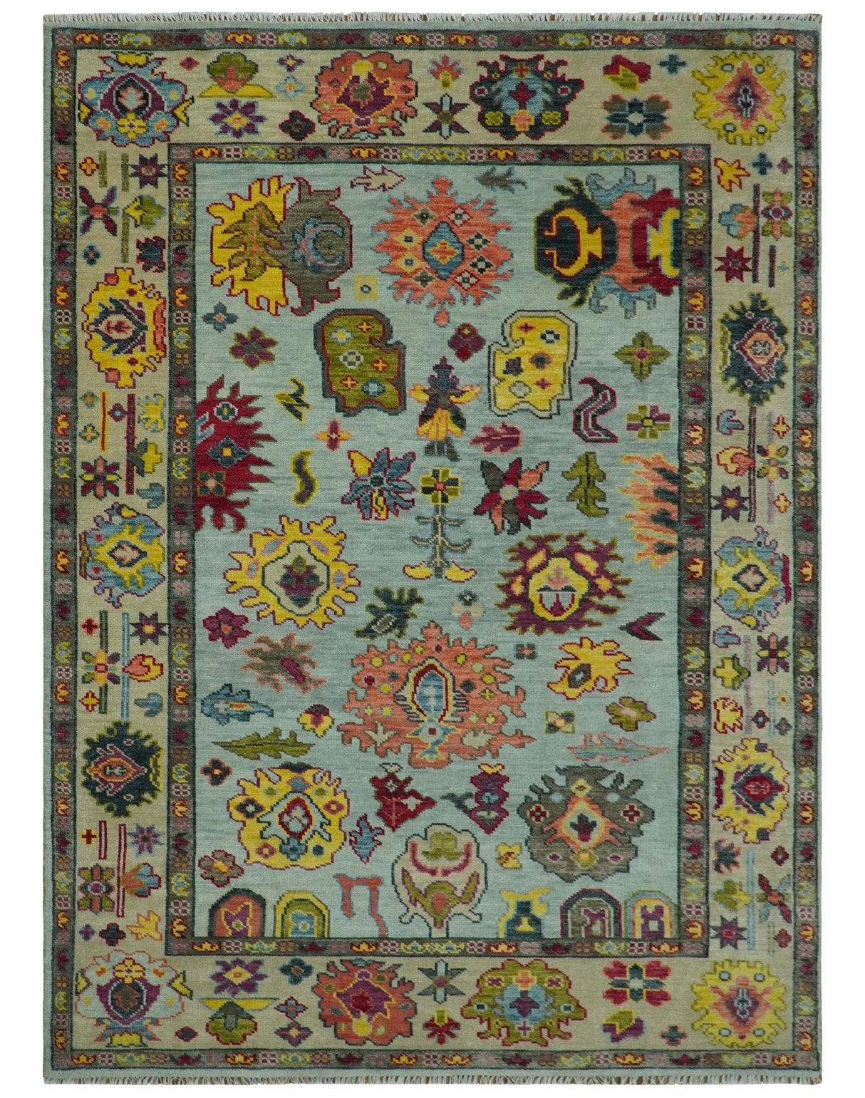 Custom Made Hand Knotted Modern Oushak Blue and Beige Wool Area Rug