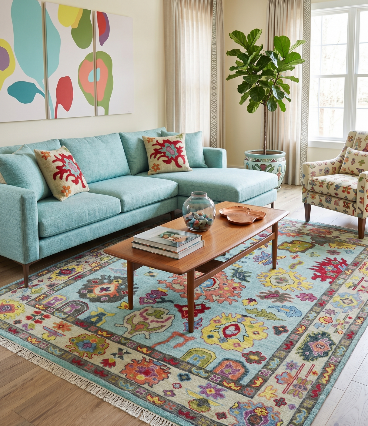 Custom Made Hand Knotted Modern Oushak Blue and Beige Wool Area Rug