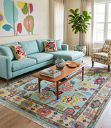 Custom Made Hand Knotted Modern Oushak Blue and Beige Wool Area Rug