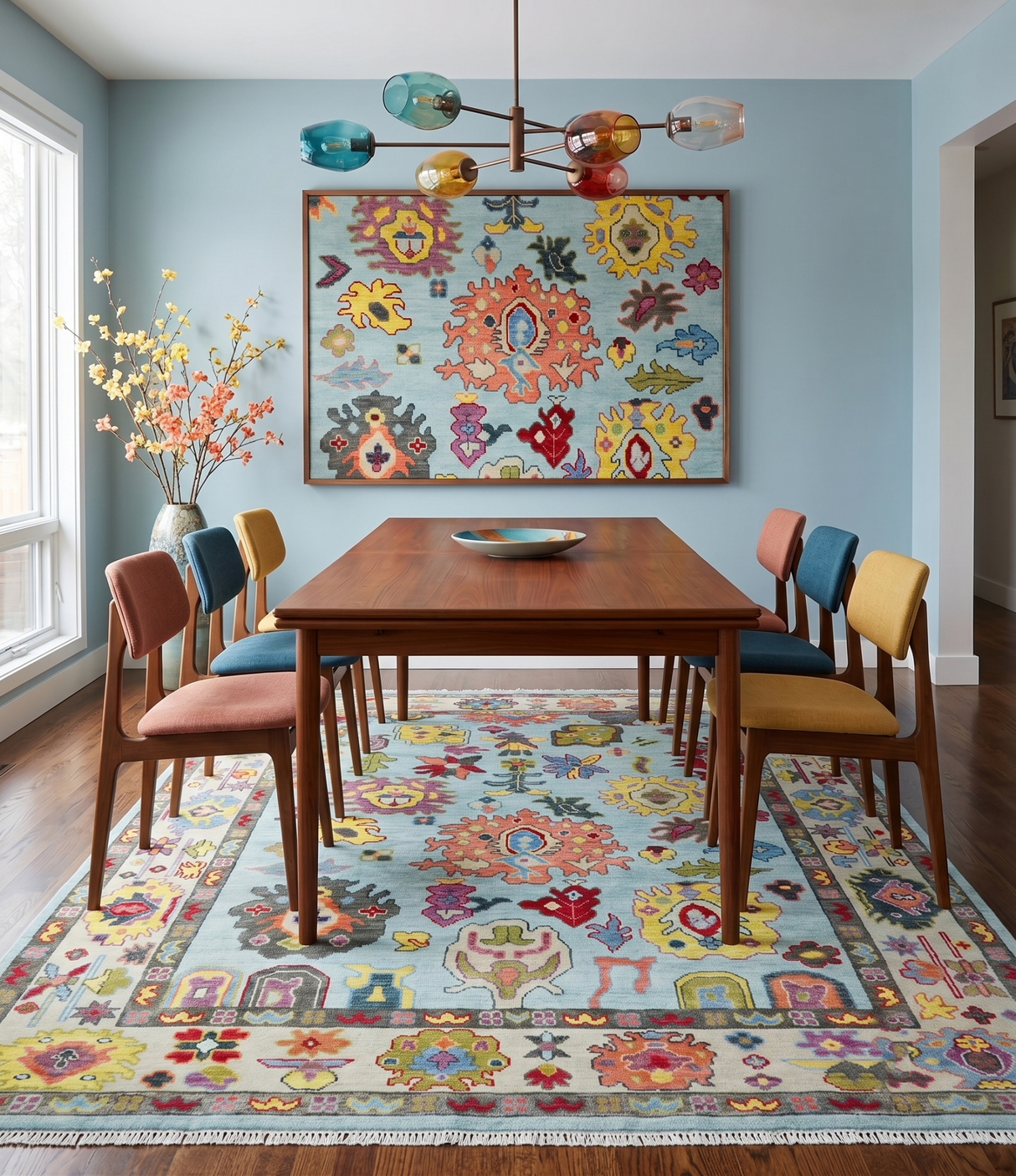 Custom Made Hand Knotted Modern Oushak Blue and Beige Wool Area Rug