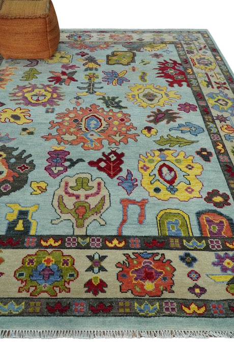 Custom Made Hand Knotted Modern Oushak Blue and Beige Wool Area Rug