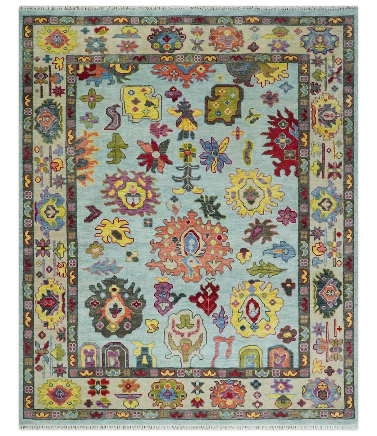 Custom Made Hand Knotted Modern Oushak Blue and Beige Wool Area Rug
