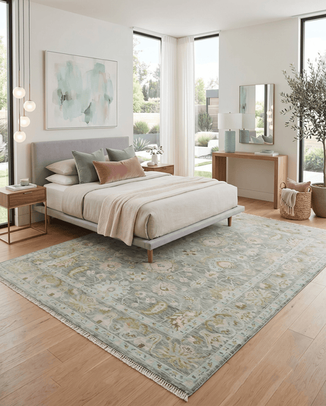 Custom Made Hand Knotted Moss Green Gray and Green Oriental Oushak Multi Size Traditional Wool Area Rug