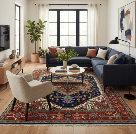 Custom Made Hand Knotted Multi Size Large Olive, Blue, Ivory and Rust Traditional Wool Rug