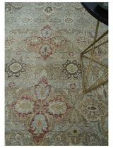 Custom Made Hand Knotted Olive and Rust Distressed Traditional Antique Look Wool Rug