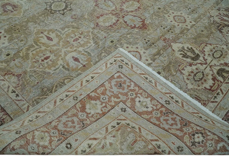 Custom Made Hand Knotted Olive and Rust Distressed Traditional Antique Look Wool Rug
