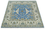 Custom Made Hand Knotted Oriental Oushak Blue and Ivory Wool Area Rug