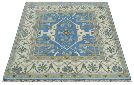 Custom Made Hand Knotted Oriental Oushak Blue and Ivory Wool Area Rug