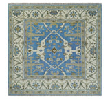 Custom Made Hand Knotted Oriental Oushak Blue and Ivory Wool Area Rug