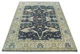 Custom Made Hand Knotted Oriental Oushak Charcoal, Ivory and Olive Wool Area Rug