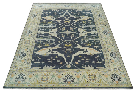 Custom Made Hand Knotted Oriental Oushak Charcoal, Ivory and Olive Wool Area Rug