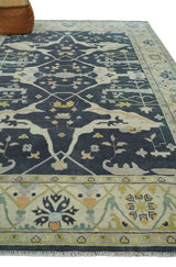 Custom Made Hand Knotted Oriental Oushak Charcoal, Ivory and Olive Wool Area Rug