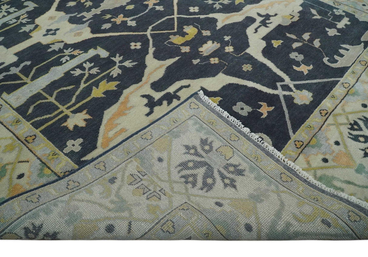 Custom Made Hand Knotted Oriental Oushak Charcoal, Ivory and Olive Wool Area Rug