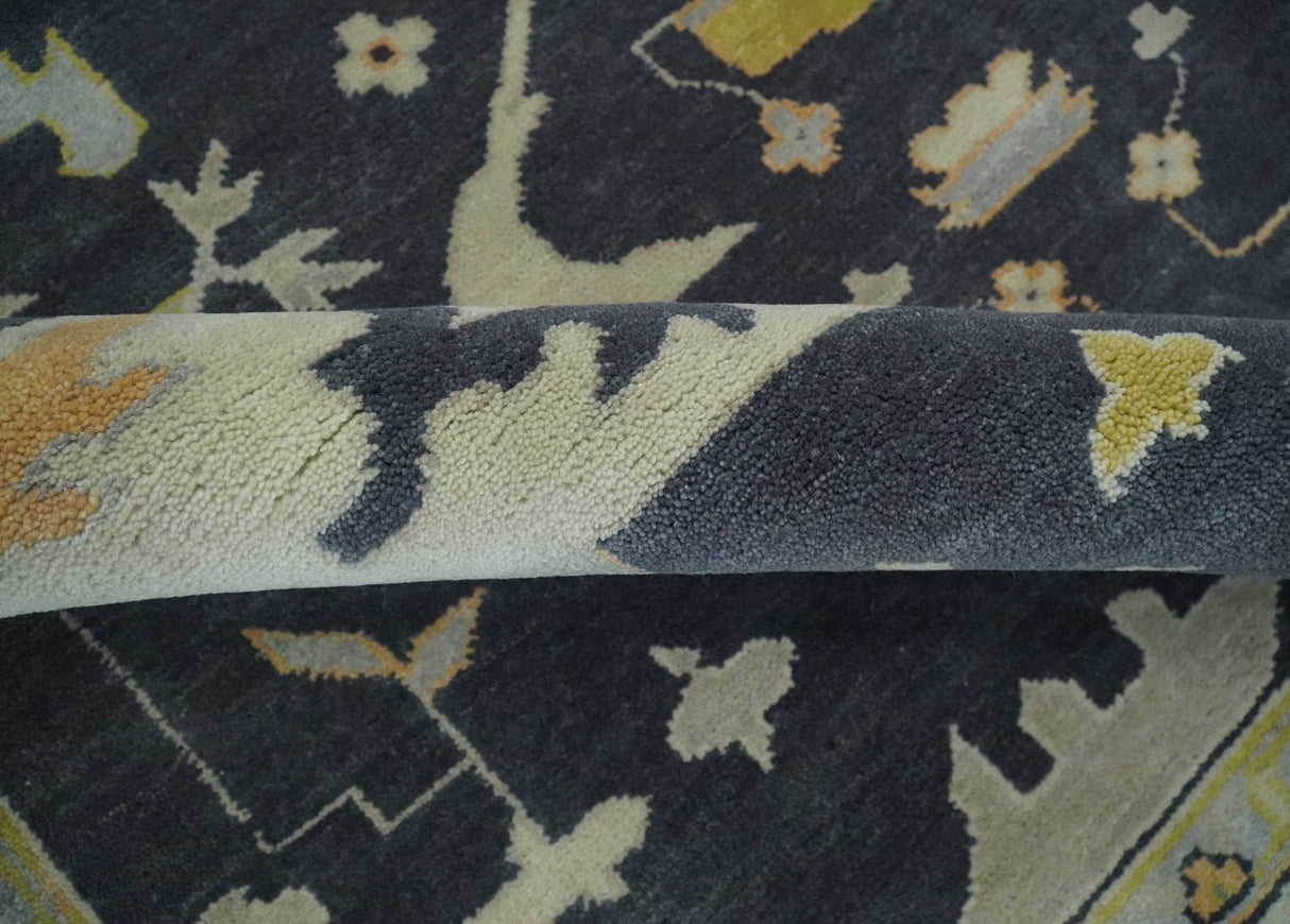 Custom Made Hand Knotted Oriental Oushak Charcoal, Ivory and Olive Wool Area Rug
