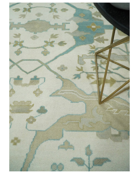 Custom Made Hand Knotted Oriental Oushak Ivory and Blue Wool Area Rug