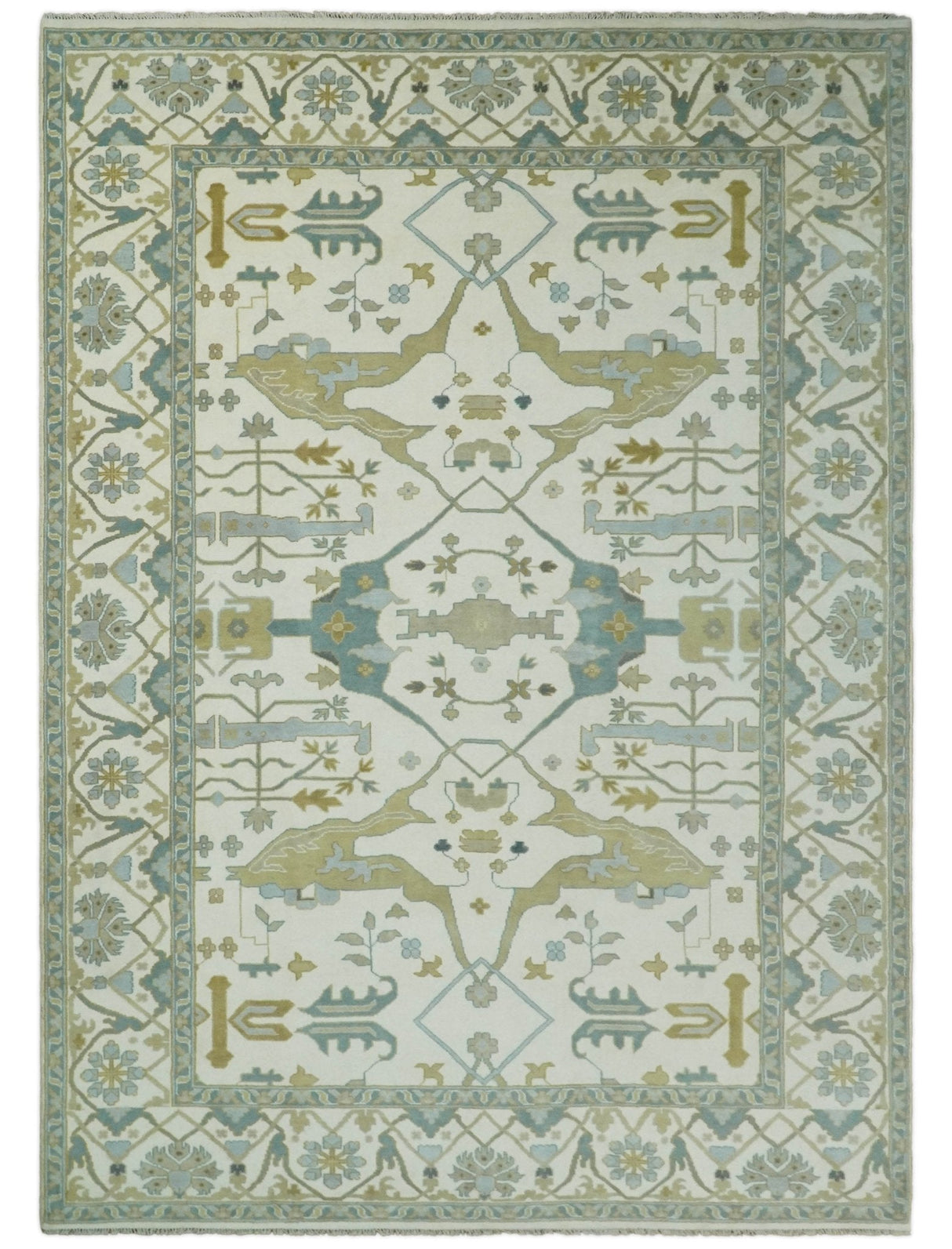 Custom Made Hand Knotted Oriental Oushak Ivory and Blue Wool Area Rug