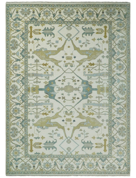 Custom Made Hand Knotted Oriental Oushak Ivory and Blue Wool Area Rug