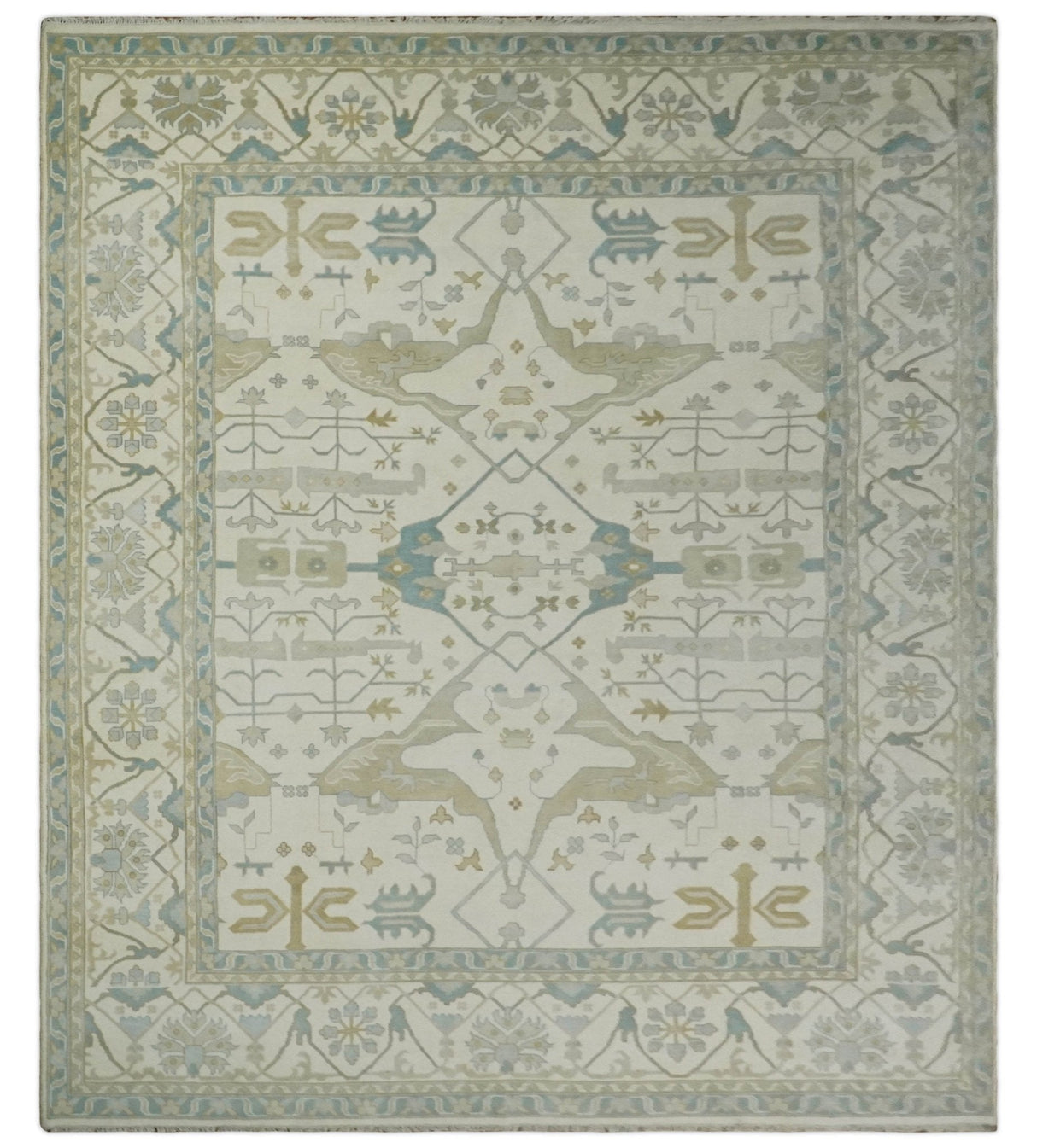 Custom Made Hand Knotted Oriental Oushak Ivory and Blue Wool Area Rug