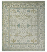 Custom Made Hand Knotted Oriental Oushak Ivory and Blue Wool Area Rug