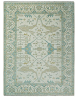 Custom Made Hand Knotted Oriental Oushak Ivory and Blue Wool Area Rug