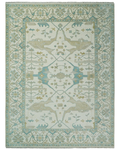 Custom Made Hand Knotted Oriental Oushak Ivory and Blue Wool Area Rug