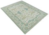 Custom Made Hand Knotted Oriental Oushak Ivory and Blue Wool Area Rug