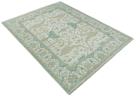 Custom Made Hand Knotted Oriental Oushak Ivory and Blue Wool Area Rug