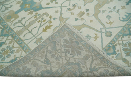 Custom Made Hand Knotted Oriental Oushak Ivory and Blue Wool Area Rug