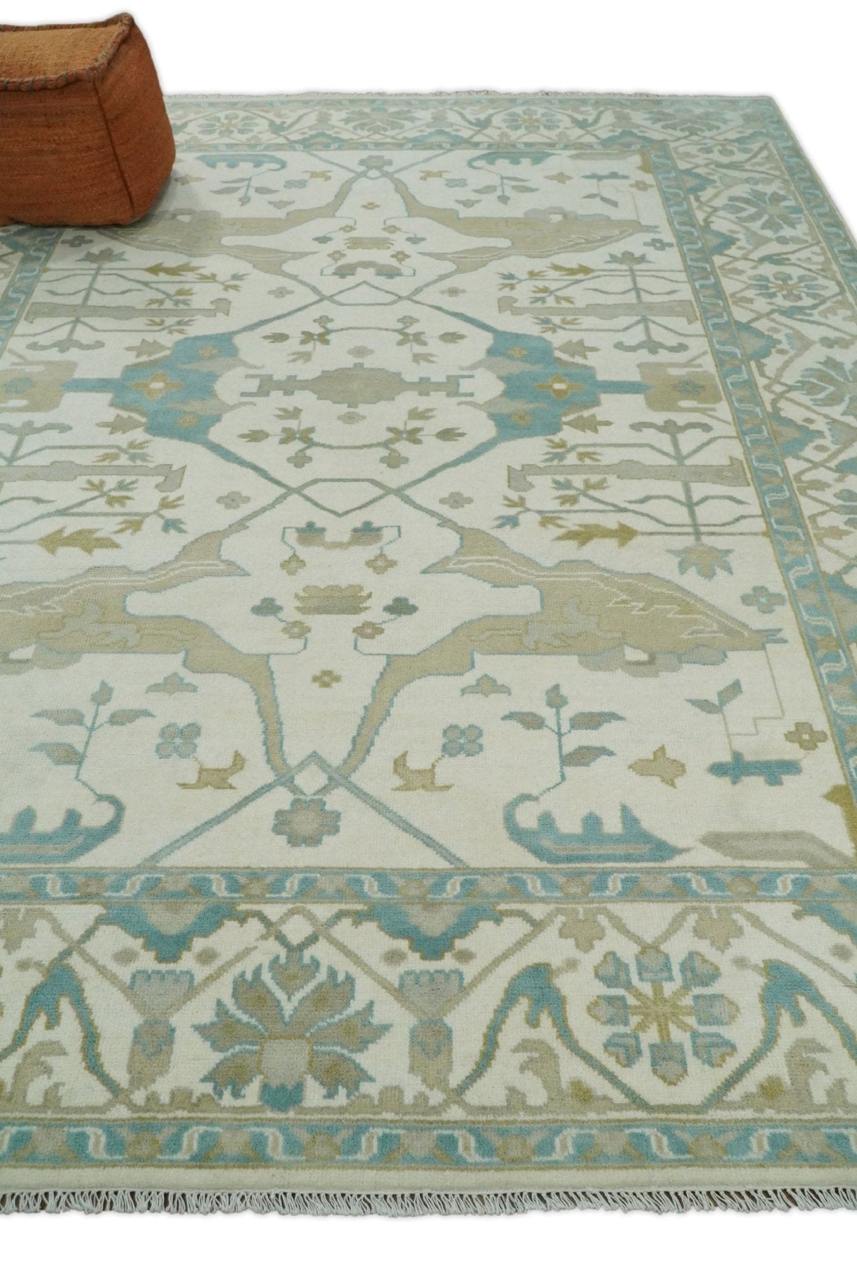 Custom Made Hand Knotted Oriental Oushak Ivory and Blue Wool Area Rug