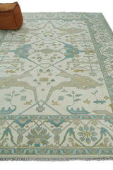 Custom Made Hand Knotted Oriental Oushak Ivory and Blue Wool Area Rug