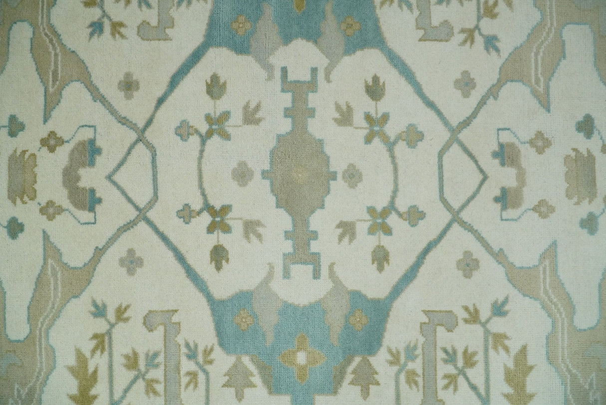 Custom Made Hand Knotted Oriental Oushak Ivory and Blue Wool Area Rug