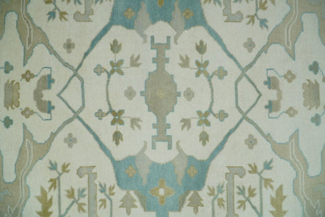 Custom Made Hand Knotted Oriental Oushak Ivory and Blue Wool Area Rug
