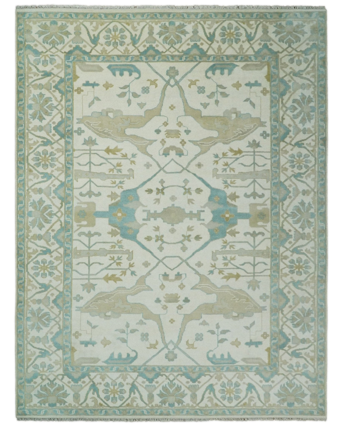 Custom Made Hand Knotted Oriental Oushak Ivory and Blue Wool Area Rug