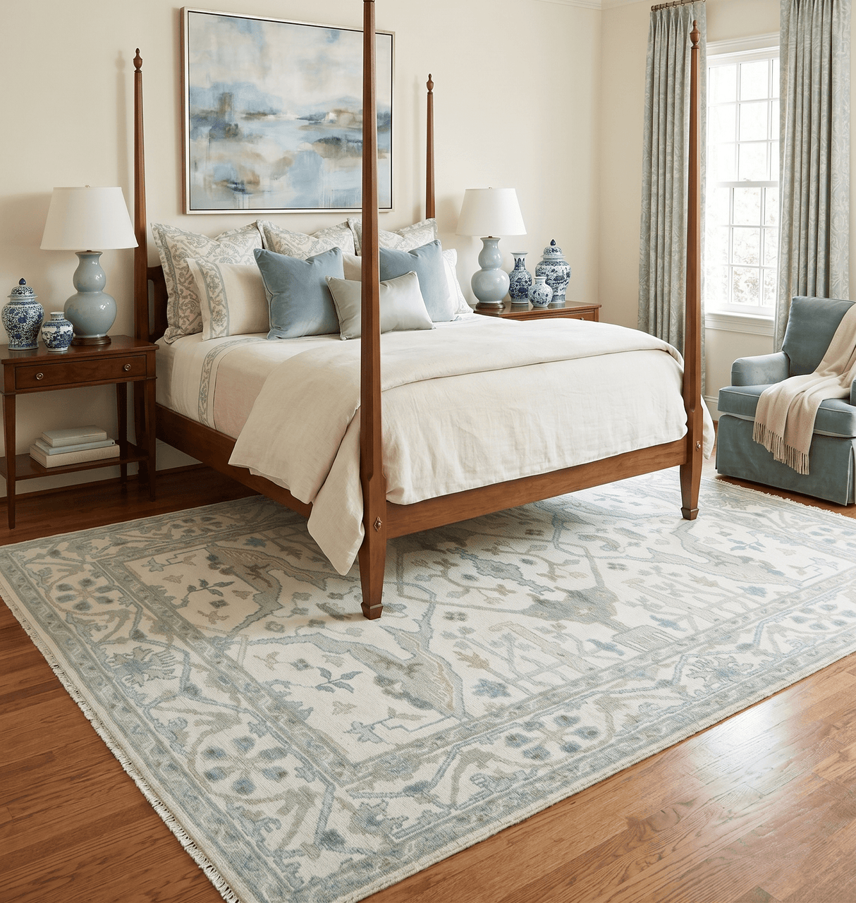 Custom Made Hand Knotted Oriental Oushak Ivory and Teal Wool Area Rug