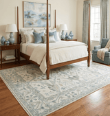 Custom Made Hand Knotted Oriental Oushak Ivory and Teal Wool Area Rug