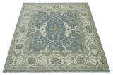 Custom Made Hand Knotted Oriental Oushak Ivory, Charcoal and Olive Wool Area Rug