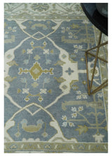 Custom Made Hand Knotted Oriental Oushak Ivory, Charcoal and Olive Wool Area Rug
